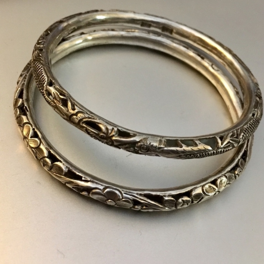 2 Antique Sterling Chinese carved bangle bracelet